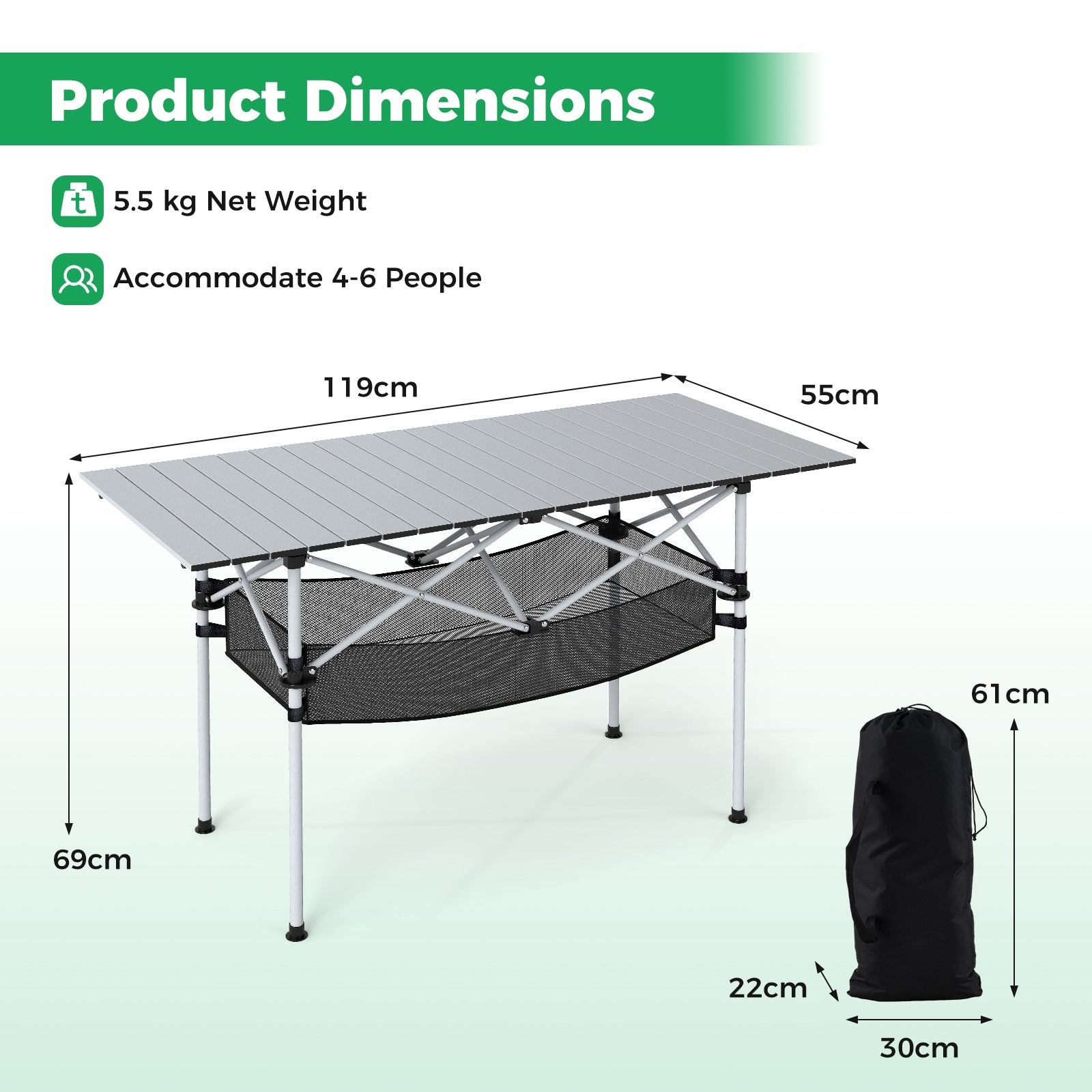 Patio Folding Camping Table Picnic Table with Aluminum Roll-up Tabletop-Silver