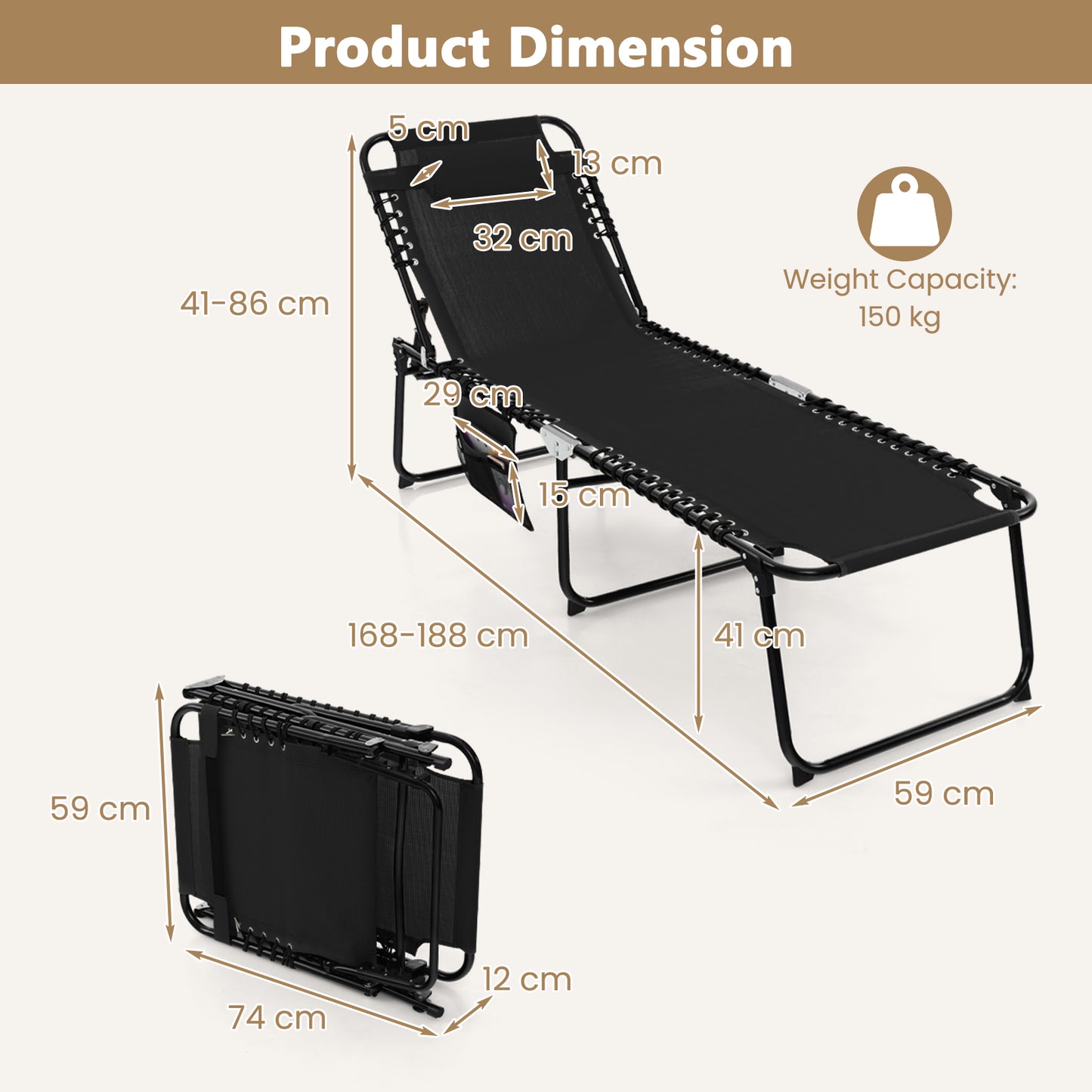 Patio Folding Chaise Lounge Chair Portable Sun Lounger with Adjustable Backrest-Black