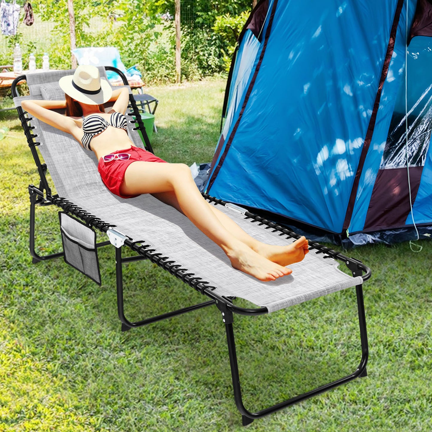 Patio Folding Chaise Lounge Chair Portable Sun Lounger with Adjustable Backrest-Grey