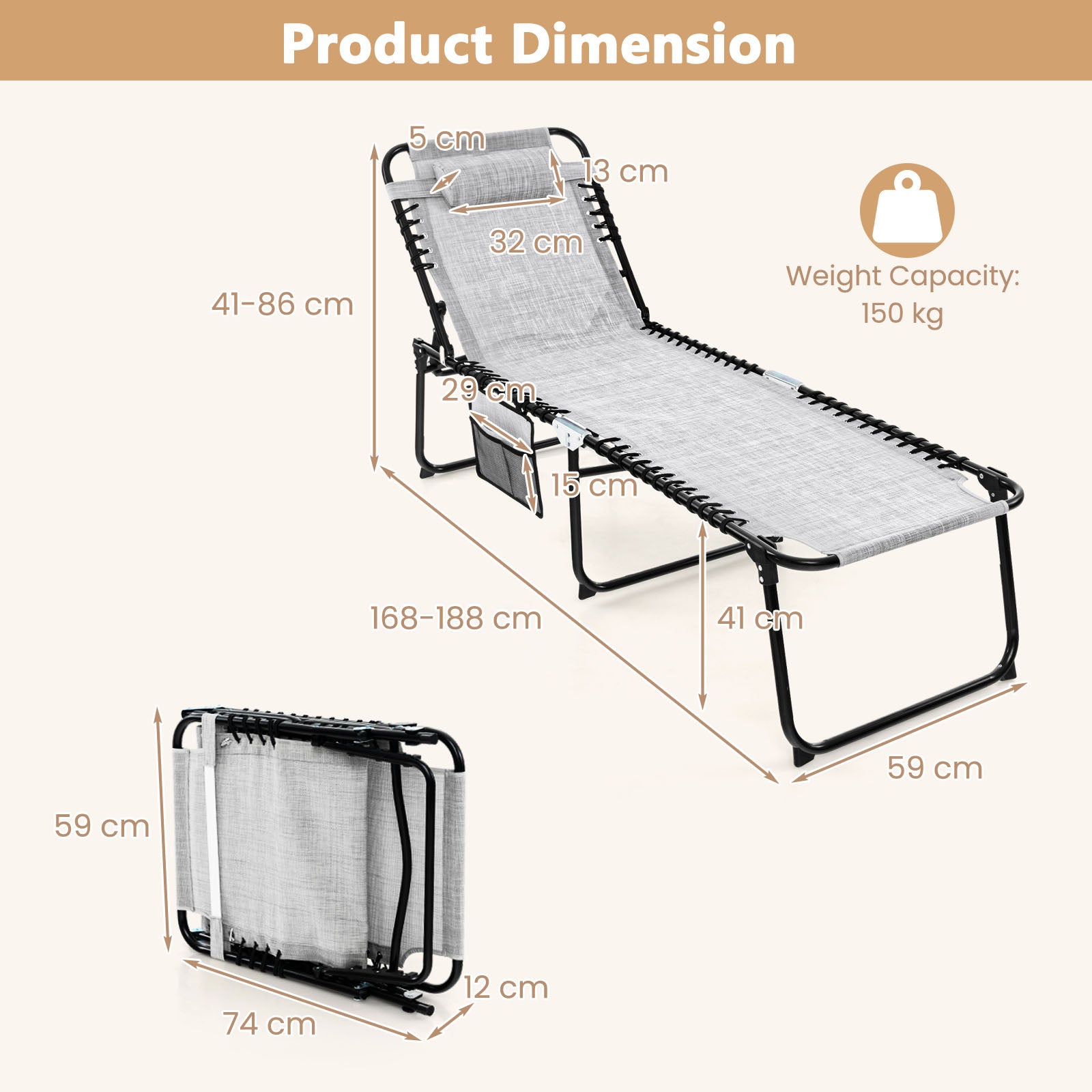 Patio Folding Chaise Lounge Chair Portable Sun Lounger with Adjustable Backrest-Grey