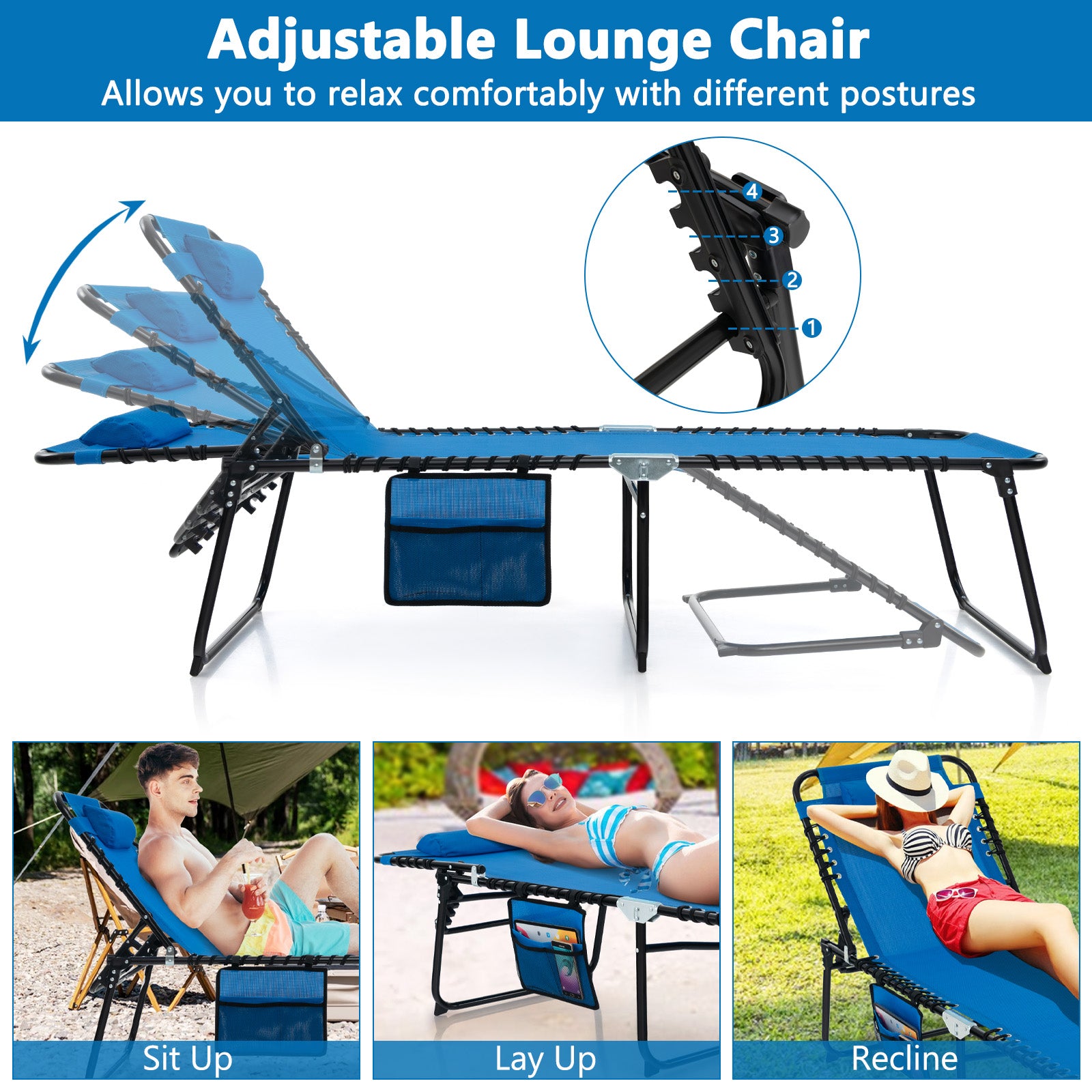 Patio Folding Chaise Lounge Chair Portable Sun Lounger with Adjustable Backrest-Navy