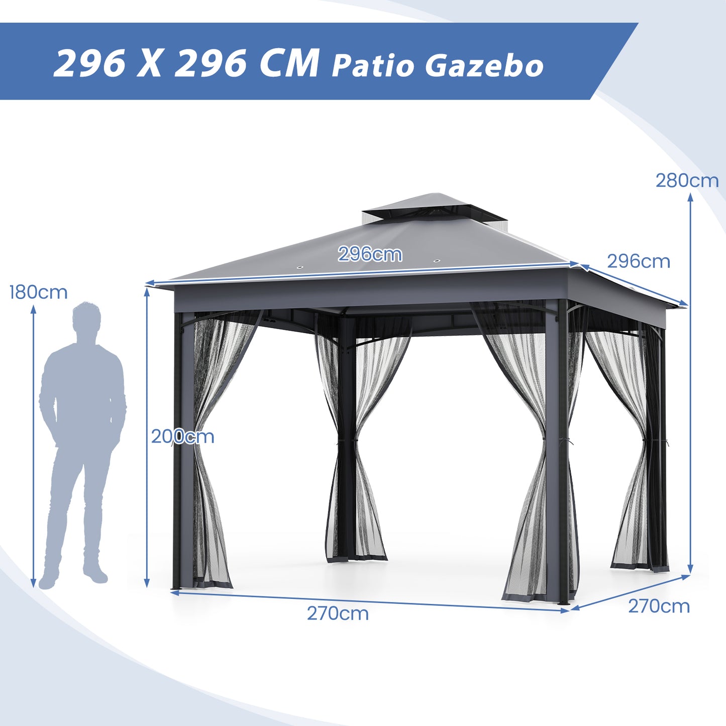 Patio Gazebo Outdoor Double-Roof Canopy Tent with Mesh Netting-Grey