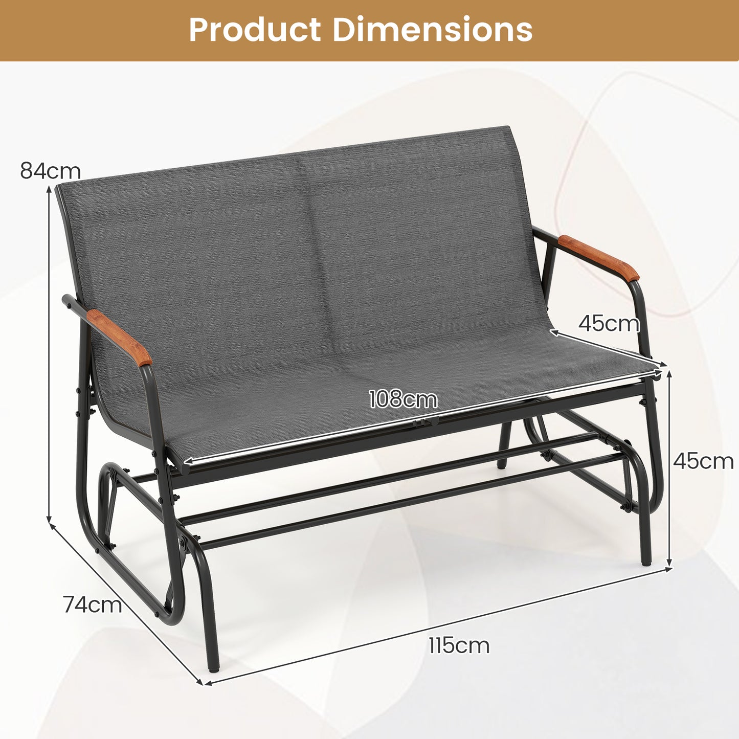 2-Person Patio Glider Bench with Curved Teak Armrests and Breathable Fabric Seat-Grey