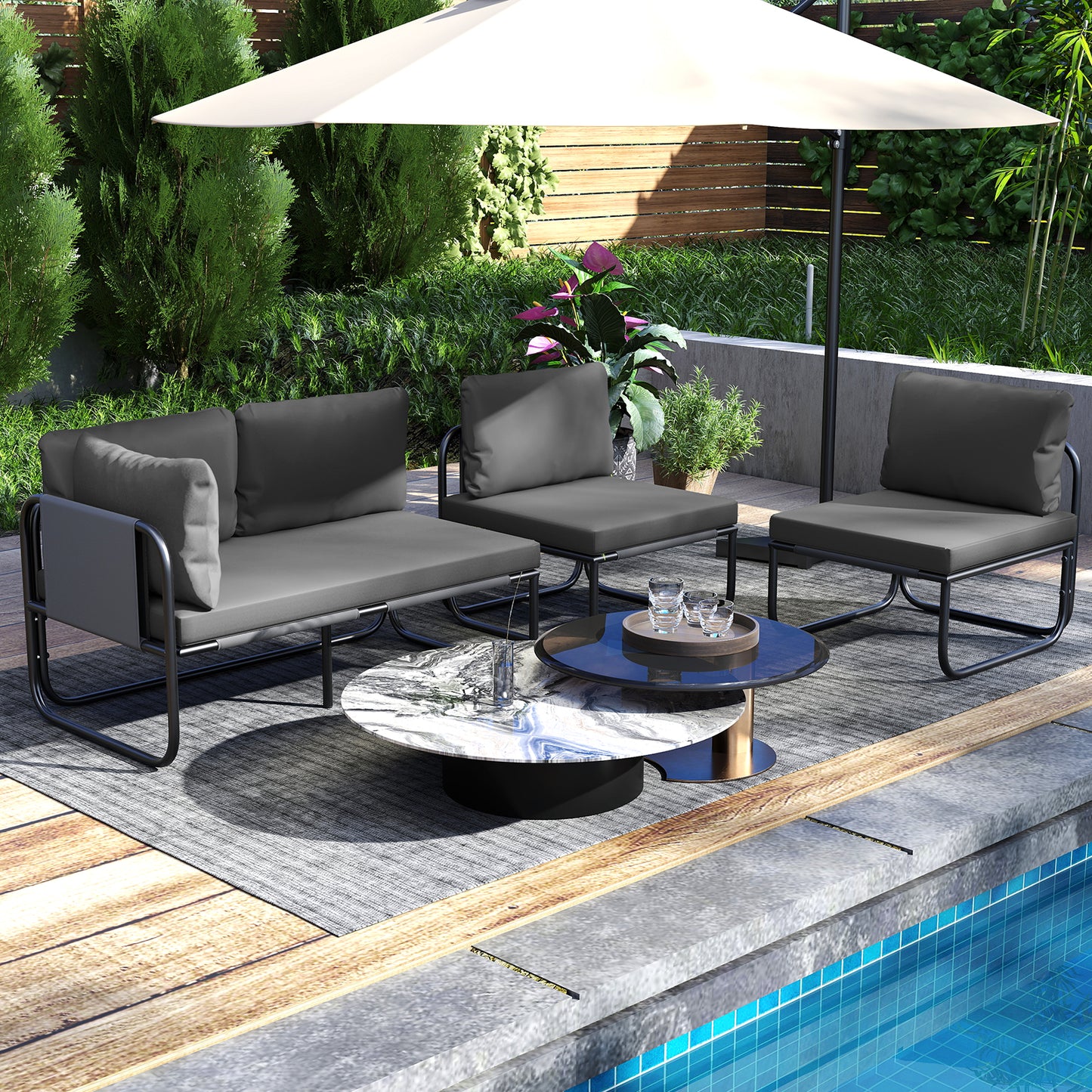 Patio Loveseat Sofa Couch with Removable Pillows and Seat Cushion-Grey