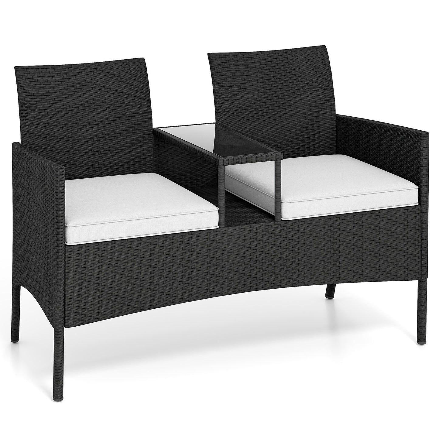 Patio Loveseat with Built-in Table with Soft Cushions and Tempered Glass Tabletop-White