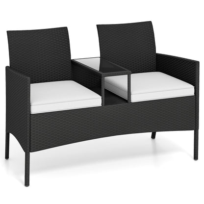 Patio Loveseat with Built-in Table with Soft Cushions and Tempered Glass Tabletop-White