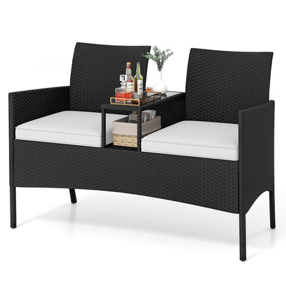 Patio Loveseat with Built-in Table with Soft Cushions and Tempered Glass Tabletop-White
