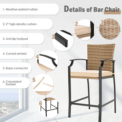 Patio Rattan Bar Stools Set of 4 with Soft Cushions High Backrest