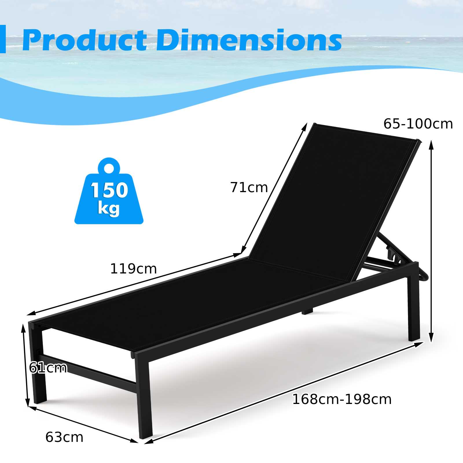 Aluminum Chaise Lounge Chair Patio Recliner with Adjustable Backrest-Black