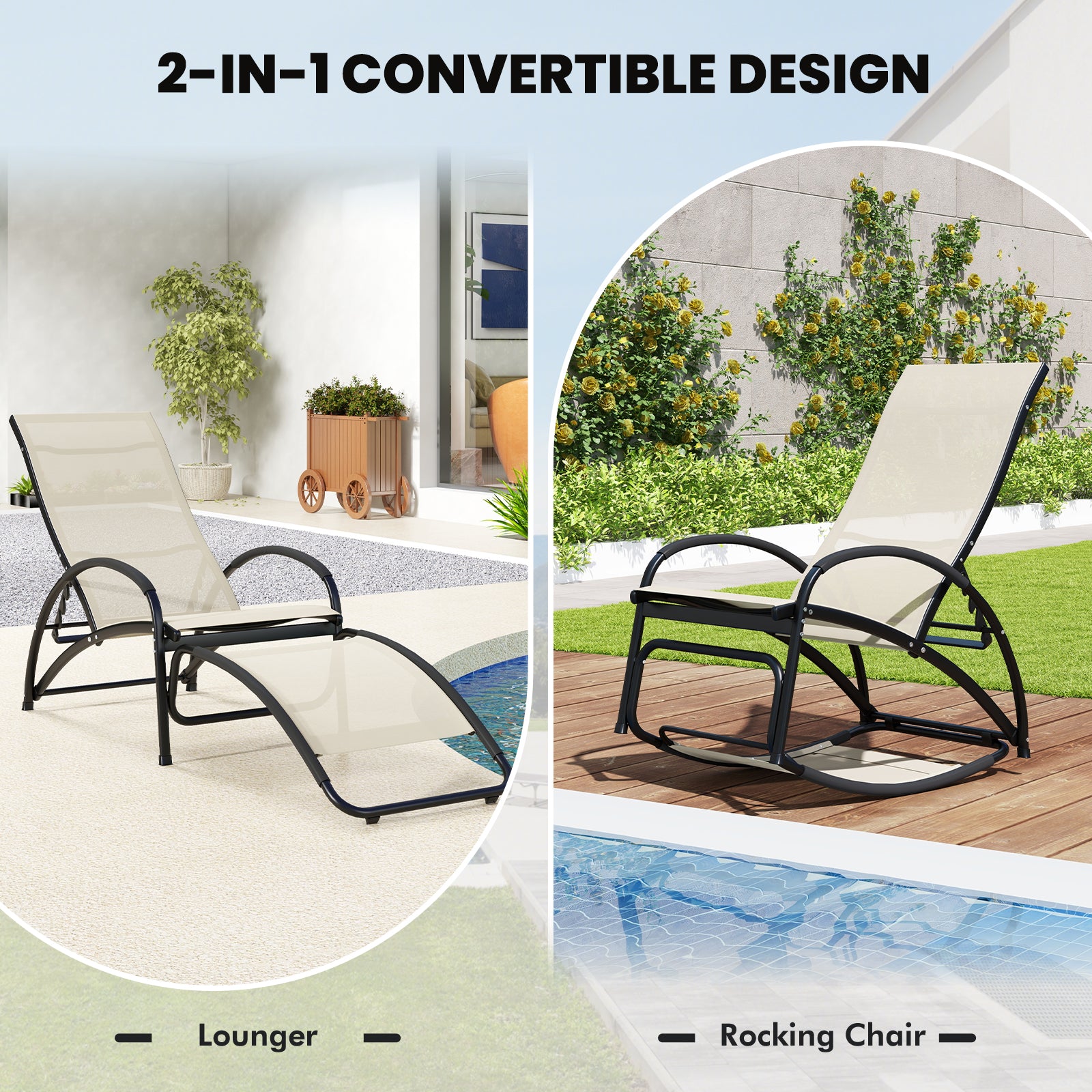 2-in-1 Outdoor Lounge Chair with 20° Rocking Angle-Beige