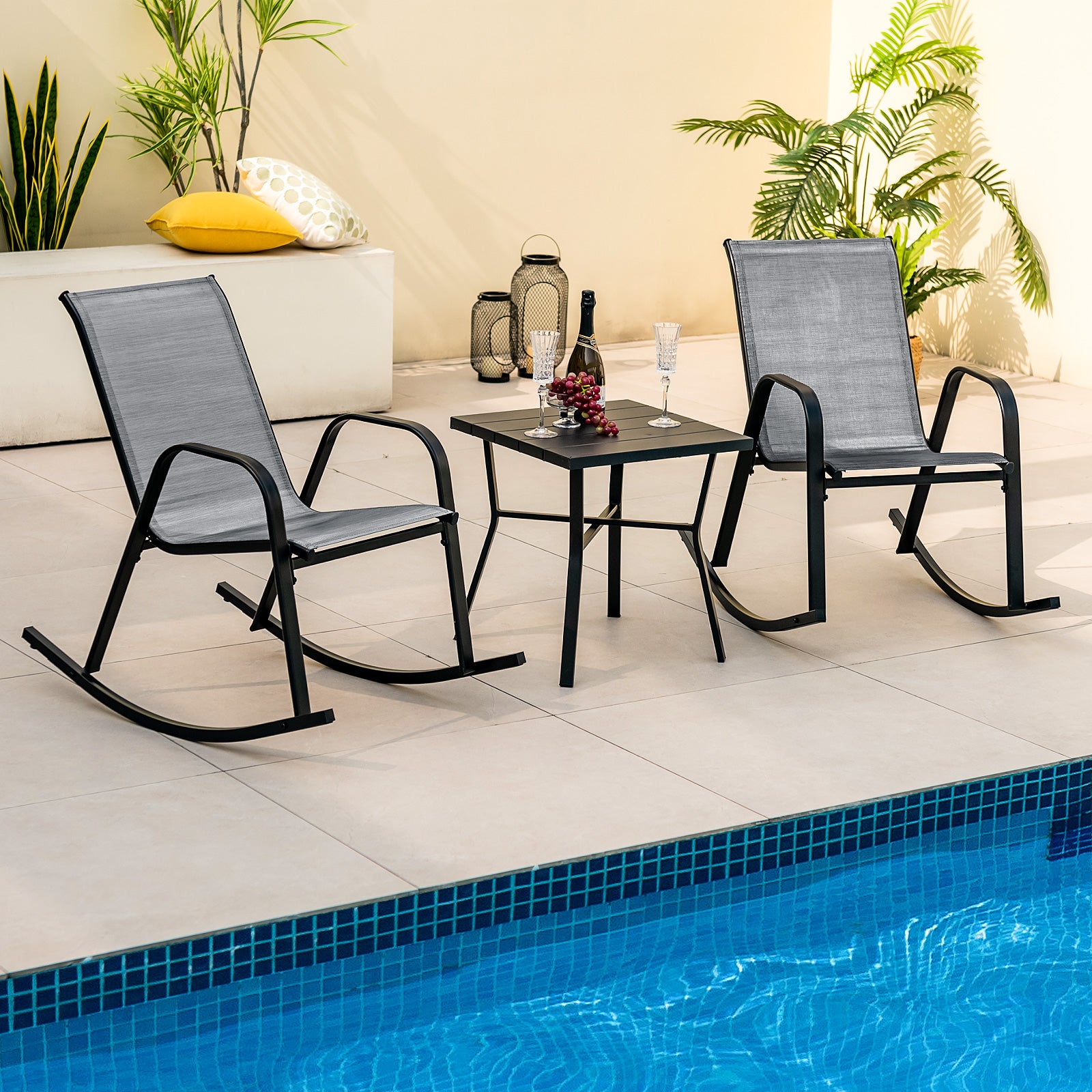 Patio Rocking Chair Set of 2 with Breathable Fabric Seat-Grey