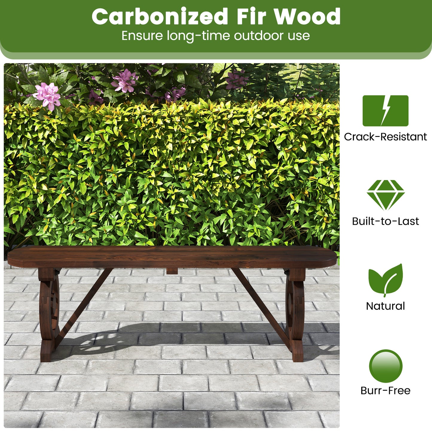 2-Seat Patio Wood Bench with Wagon Wheel Base and Slatted Seat