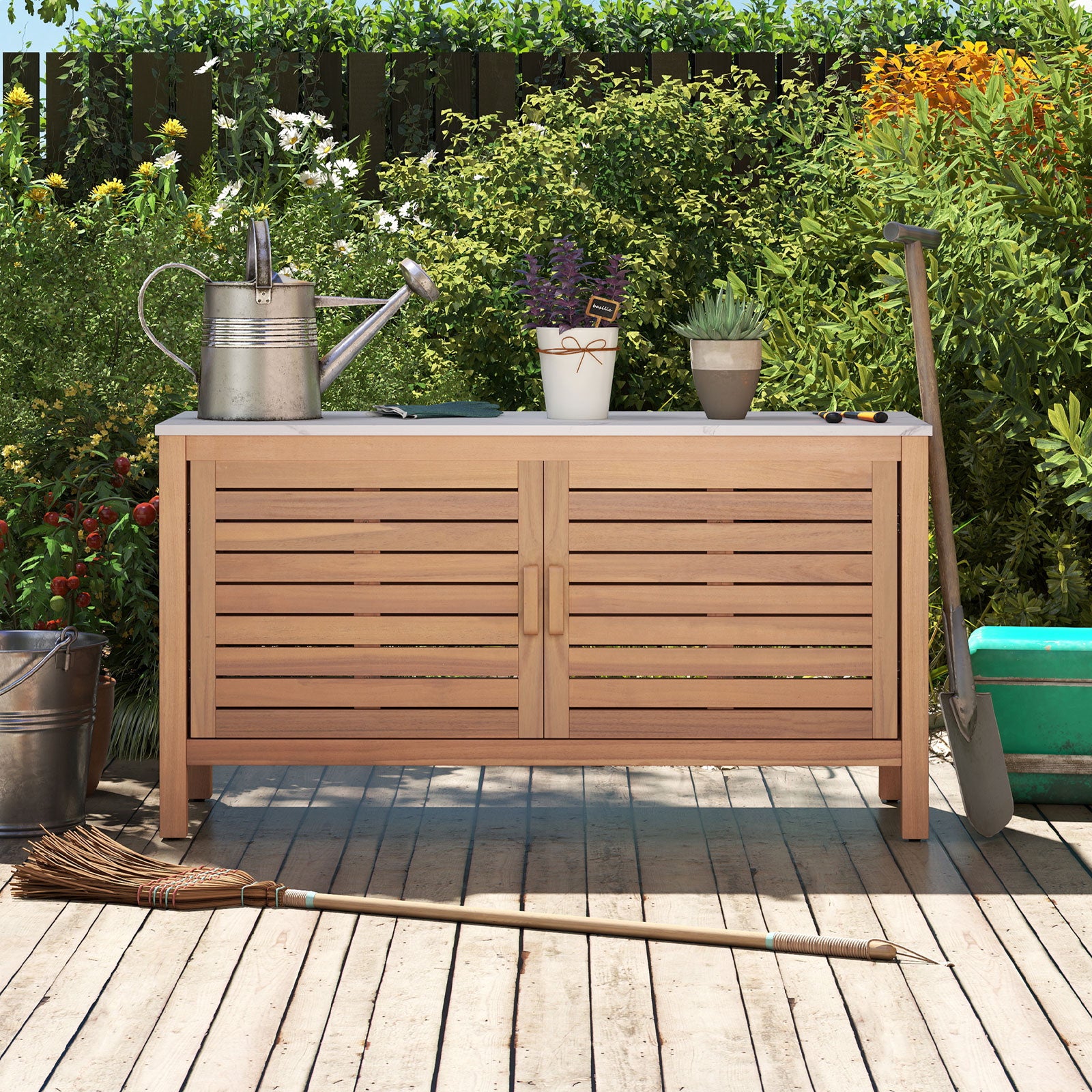 Patio Storage Cabinet 2-Door Acacia Wood Storage Container with Faux Marble Top