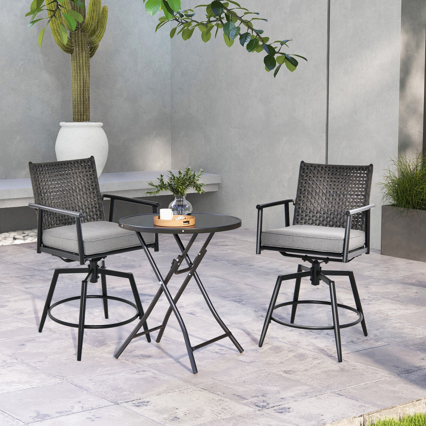 Patio Swivel Bar Stools Set of 2 with PE Rattan Back and Metal Frame-Black