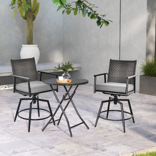 Patio Swivel Bar Stools Set of 2 with PE Rattan Back and Metal Frame-Black
