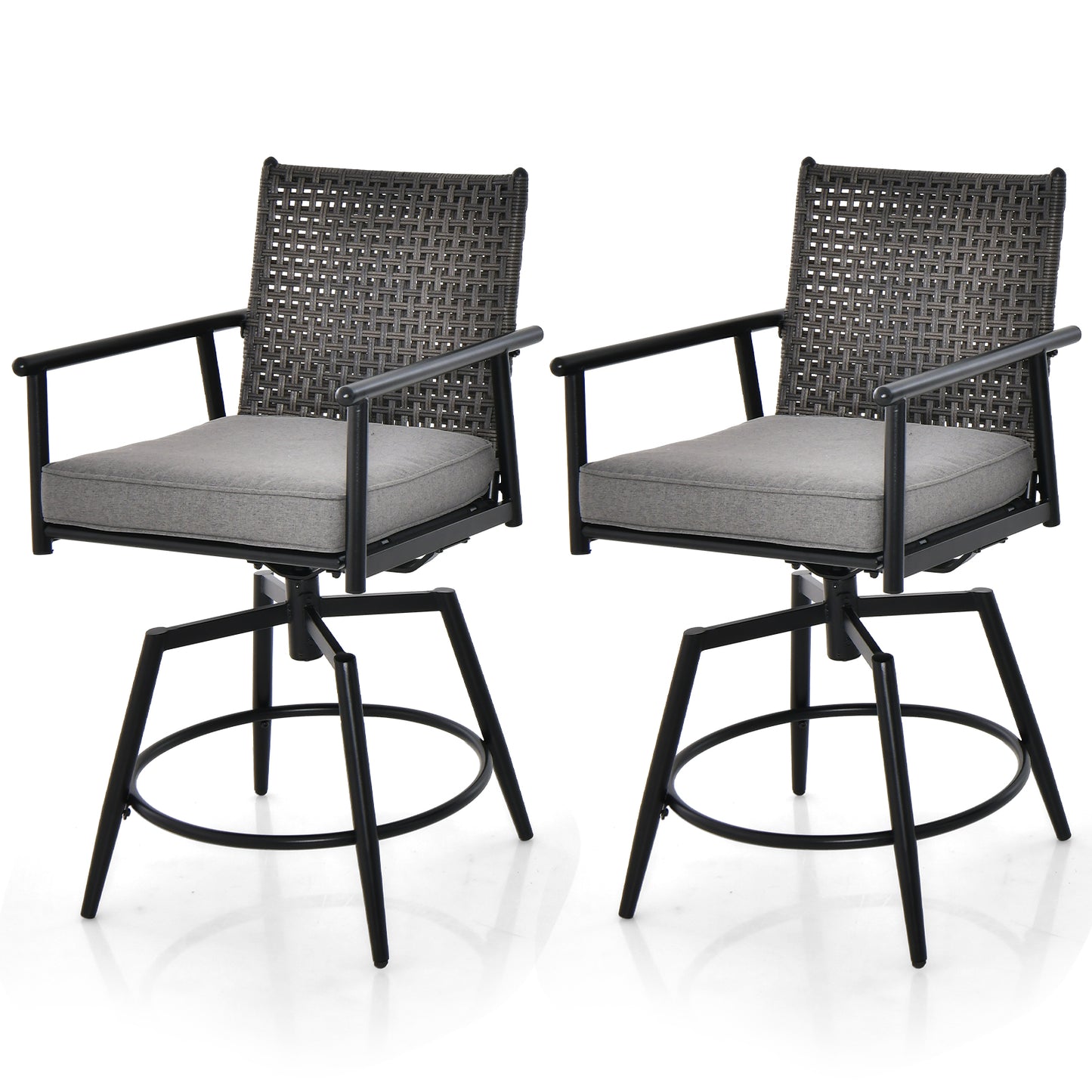 Patio Swivel Bar Stools Set of 2 with PE Rattan Back and Metal Frame-Black