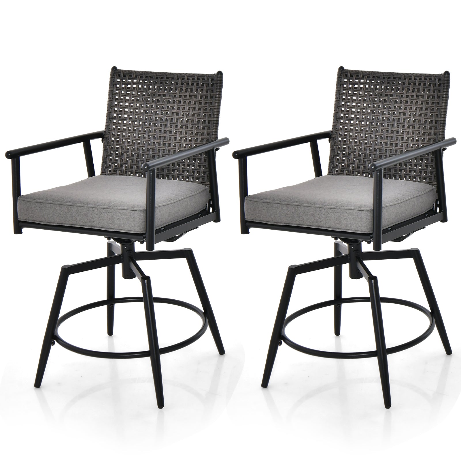 Patio Swivel Bar Stools Set of 2 with PE Rattan Back and Metal Frame-Black