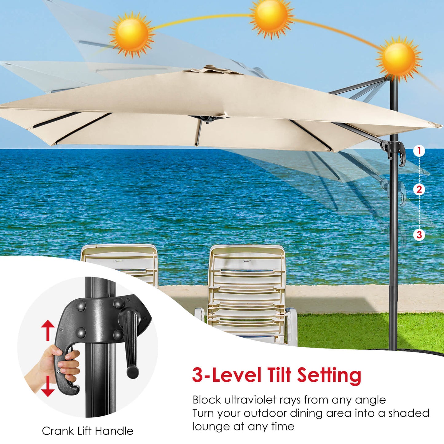 Patio Umbrella Square Offset with Cross Base and Tilt Adjustable-Beige