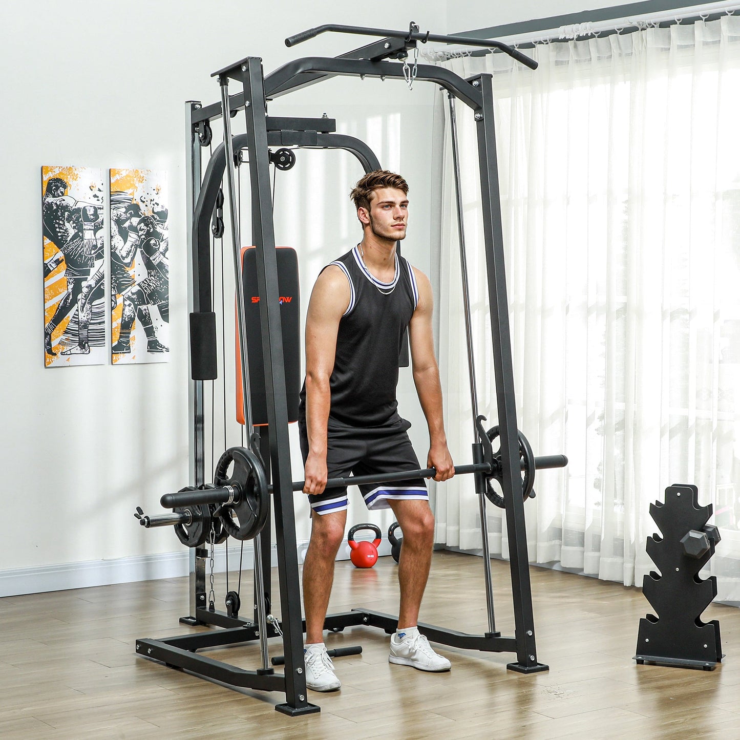 SPORTNOW 3-in-1 Smith Machine with Dual Cable Pulley System, Chest Press Station, 17-Level Squat Rack and Barbell Bar