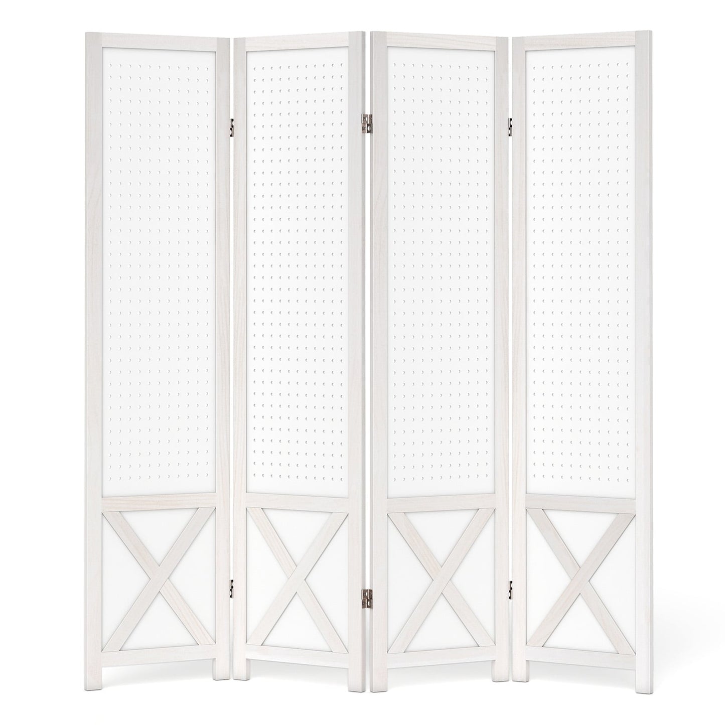 4-Panel Pegboard Room Divider with Solid Wood Frame and Metal Hinges