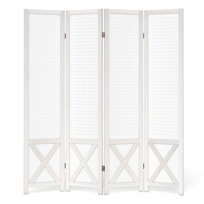 4-Panel Pegboard Room Divider with Solid Wood Frame and Metal Hinges