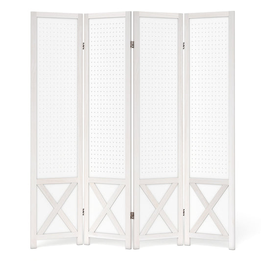 4-Panel Pegboard Room Divider with Solid Wood Frame and Metal Hinges