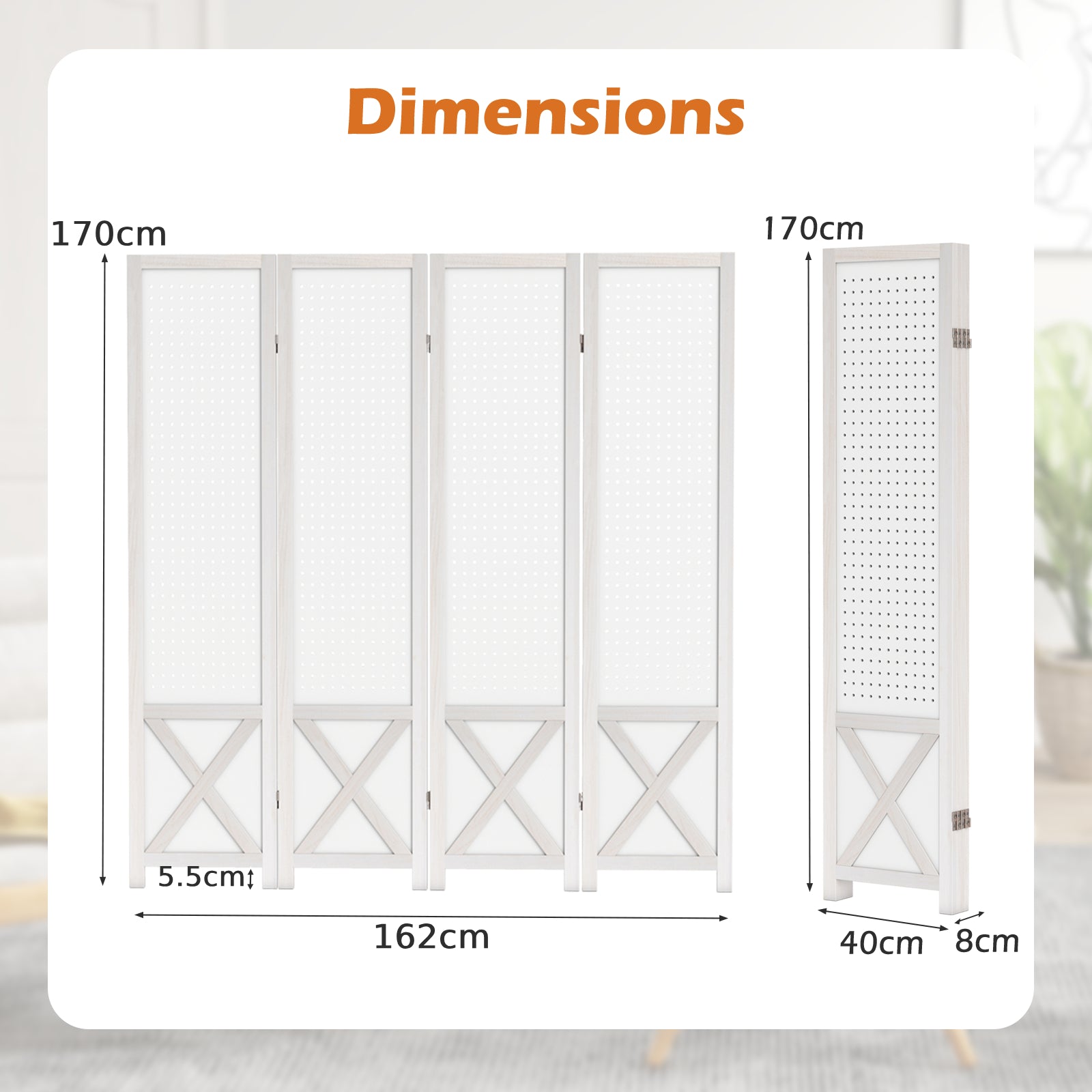 4-Panel Pegboard Room Divider with Solid Wood Frame and Metal Hinges