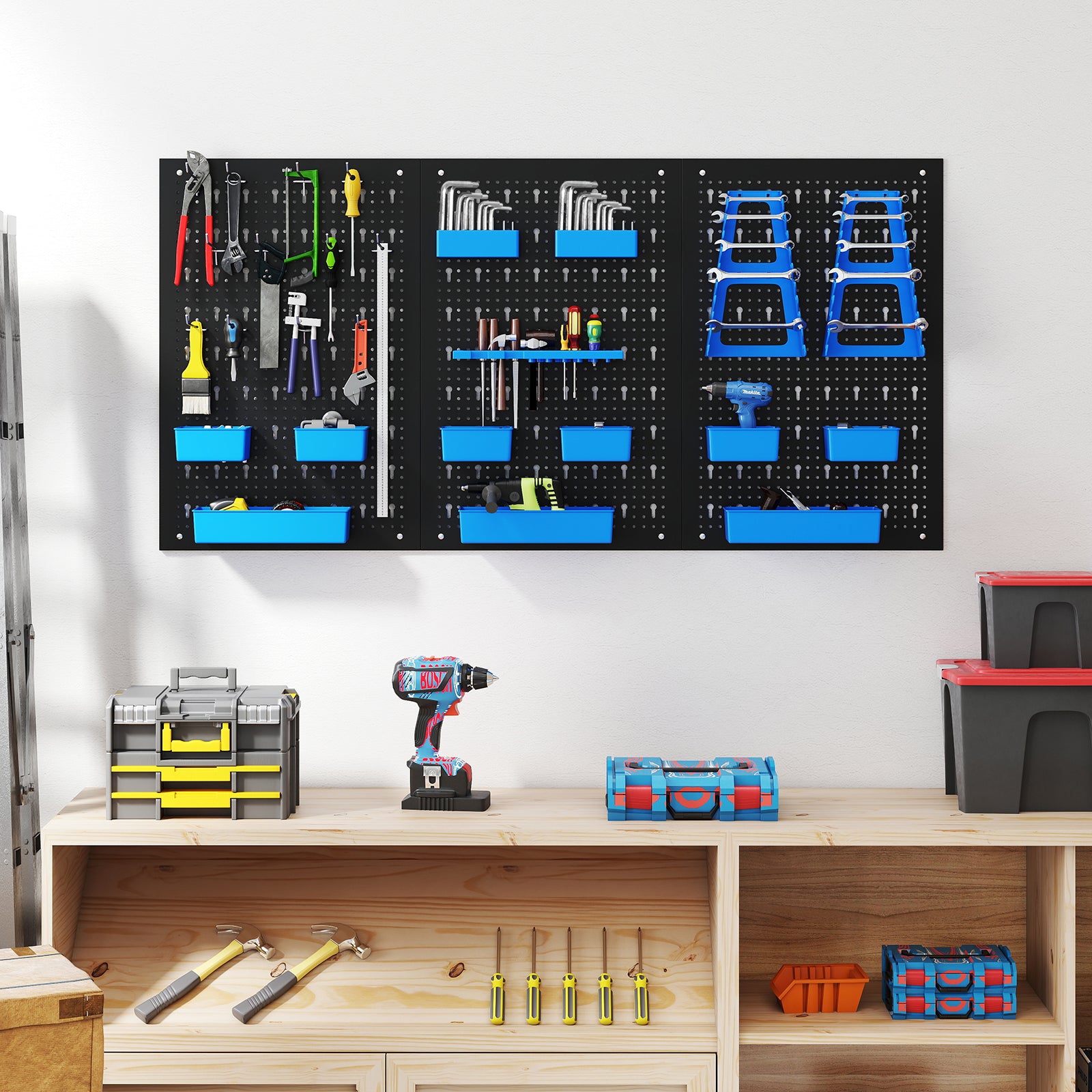 9-Bin Parts Rack Organizer with Hammer Racks for Garage-Blue
