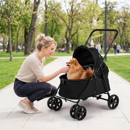 Pet Stroller for Small Medium Dogs with 360° Swivel Front Wheels and One-Step Rear Brake-Black