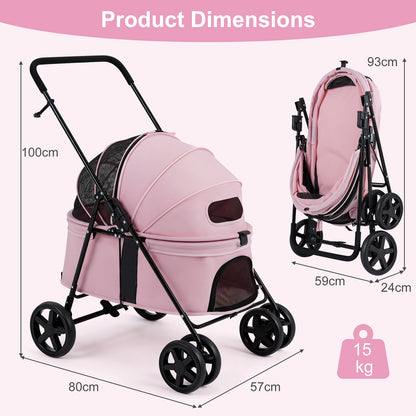 Pet Stroller for Small Medium Dogs with 360° Swivel Front Wheels and One-Step Rear Brake-Pink
