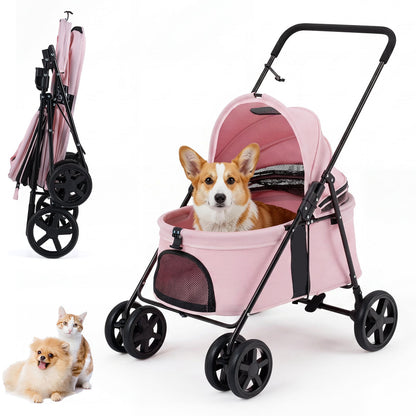 Pet Stroller for Small Medium Dogs with 360° Swivel Front Wheels and One-Step Rear Brake-Pink