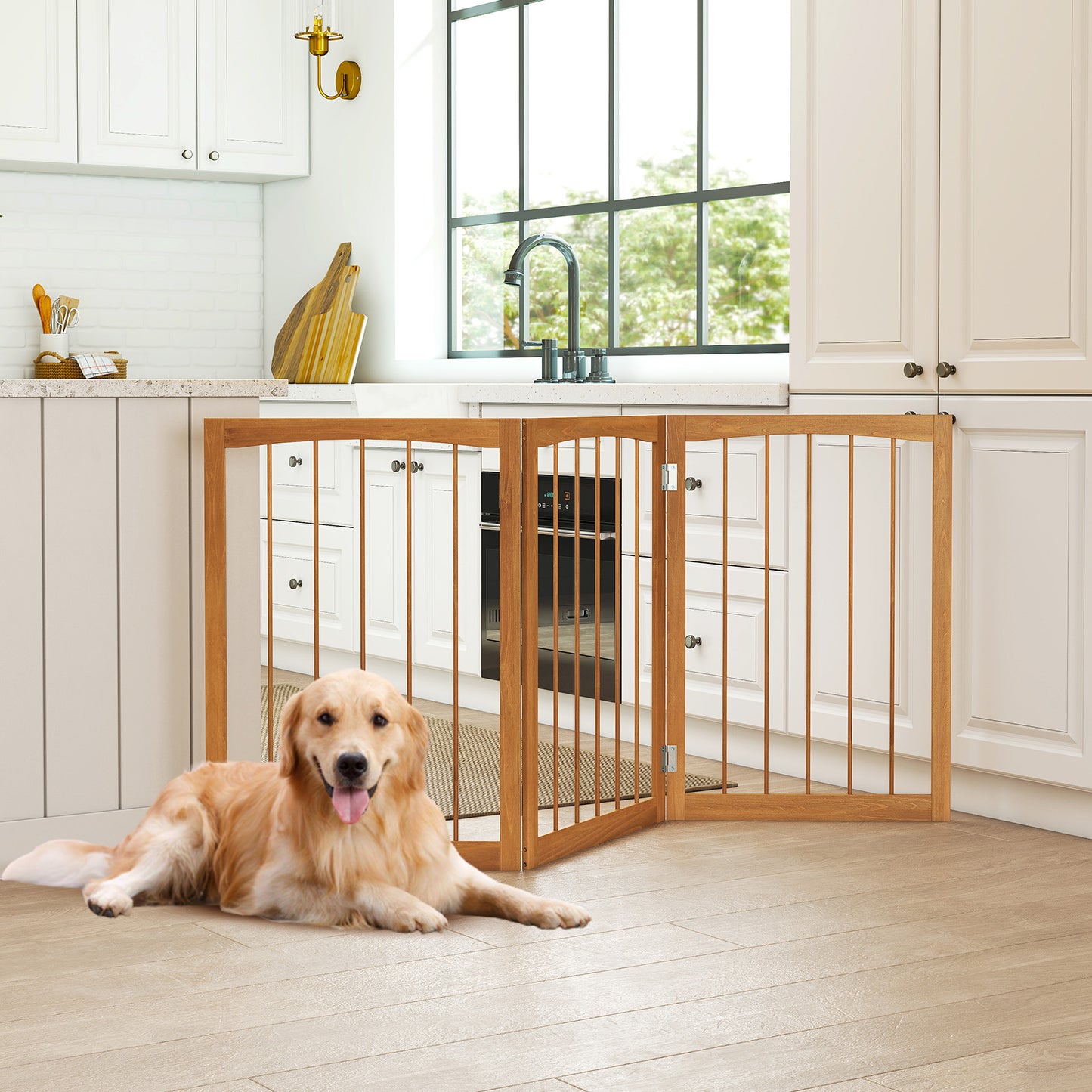 76 CM Tall Pet Gate Wooden Dog Fence 3-Panel Room Divider Barrier-Natural