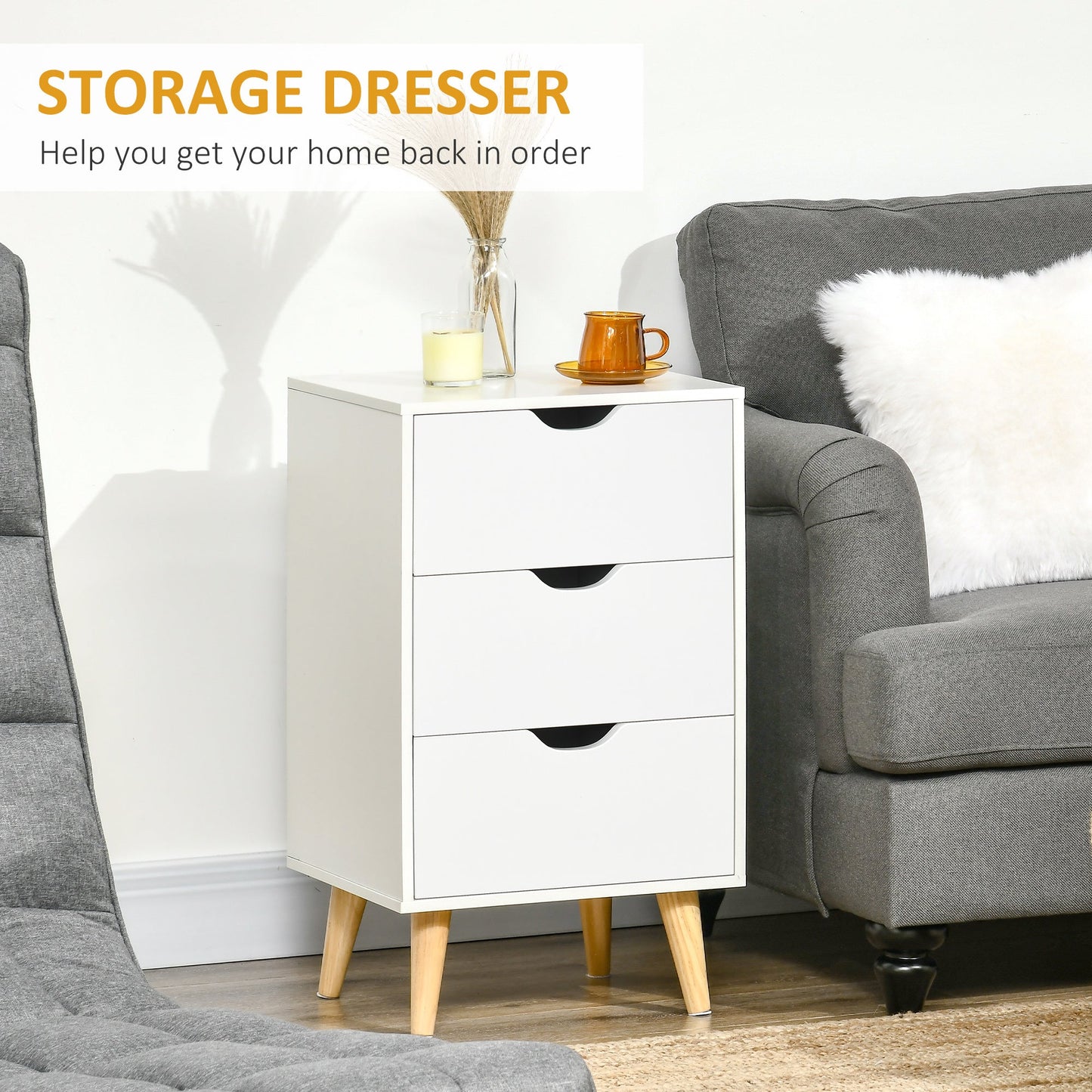 HOMCOM Bedside Table, Bedside Cabinet with 3 Drawers, Side End Table with Pine Wood Legs for Bedroom Living Room, White