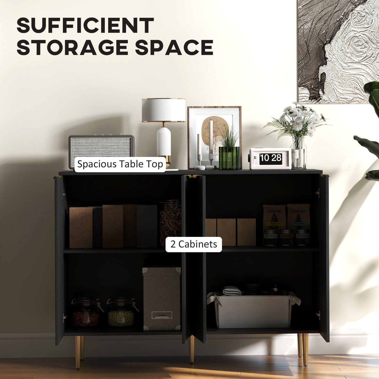 HOMCOM Sideboard Buffet Cabinet, Modern Kitchen Storage Cabinet with 4 Doors and Adjustable Shelves Black