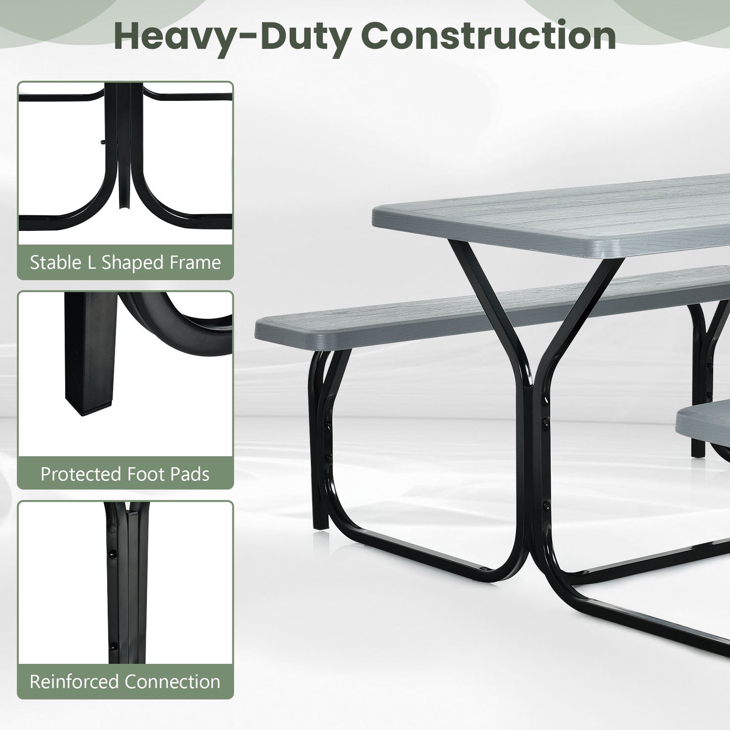 Picnic Table Bench Set with Metal Base Wood for Outdoor-Grey