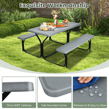 Picnic Table Bench Set with Metal Base Wood for Outdoor-Grey
