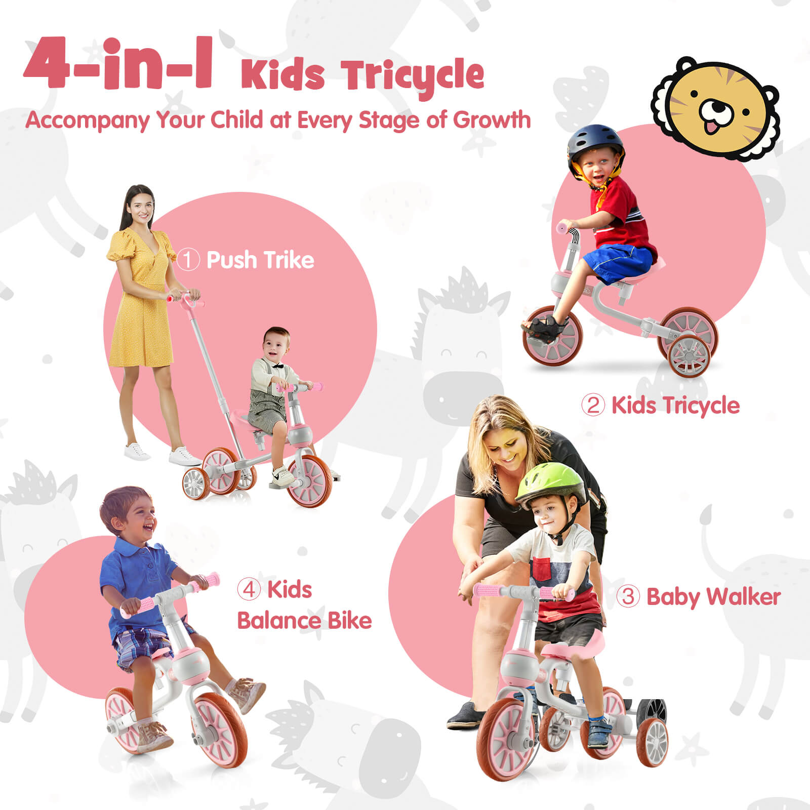 4-in-1 Multifunctional Kids Training Balance Trike wih Adjustable Push Handle-Pink