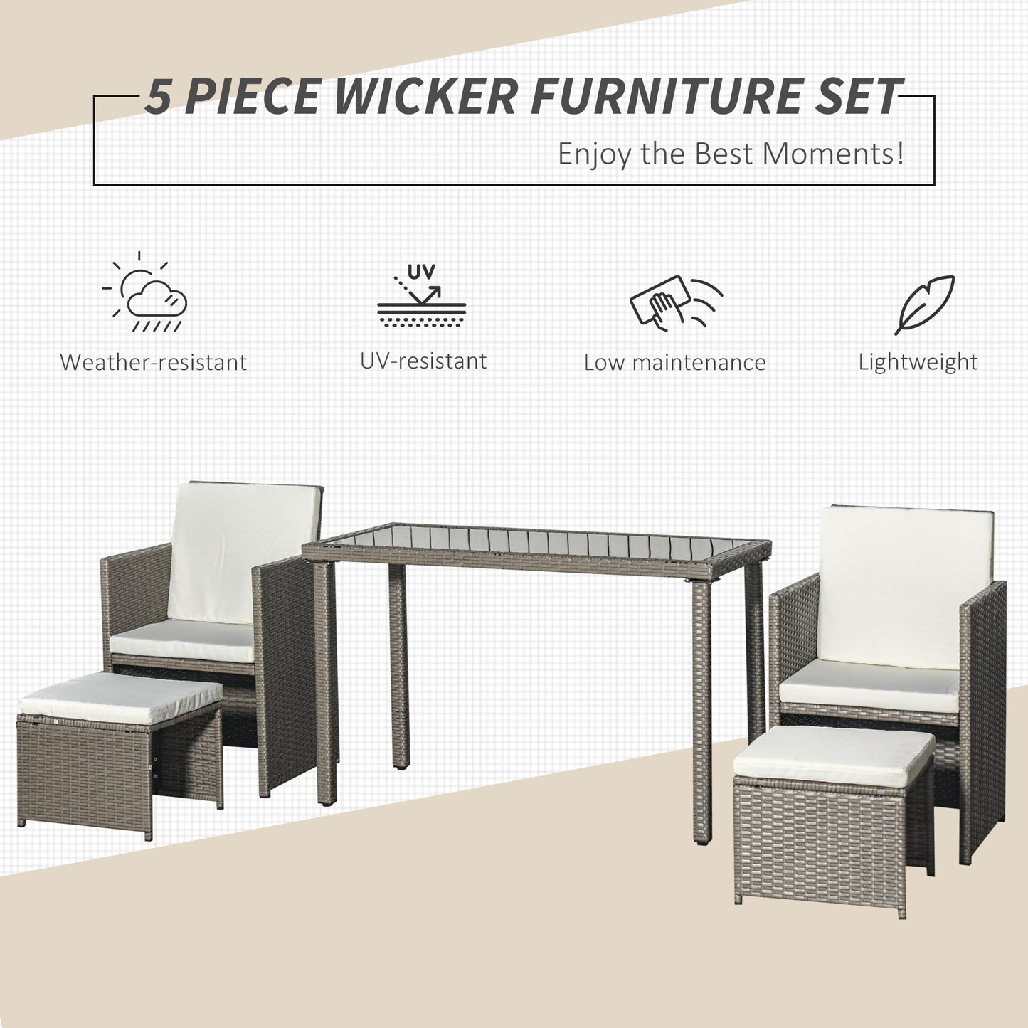 Outsunny 2 Seater Rattan Cube Garden Furniture Set, Rattan Dining Set with Cushions, Outdoor Dining Table and Chairs with 2 Armchairs, 2 Stools, Rectangular Glass Top Table for Patio, Balcony, Grey