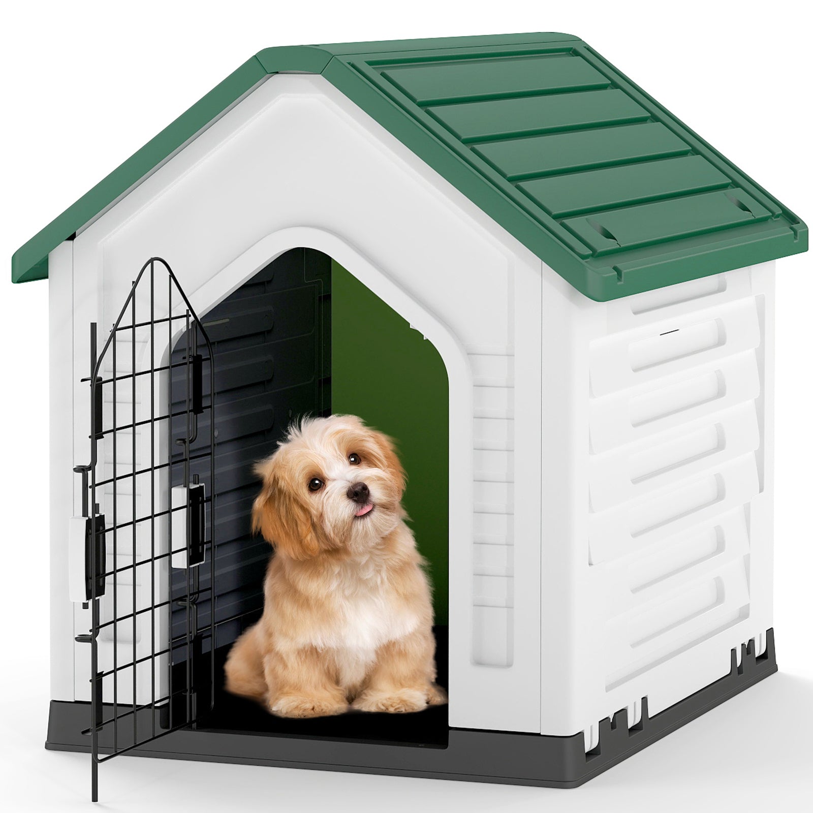 Plastic Dog House with Metal Lockable Door and Air Vents-Green