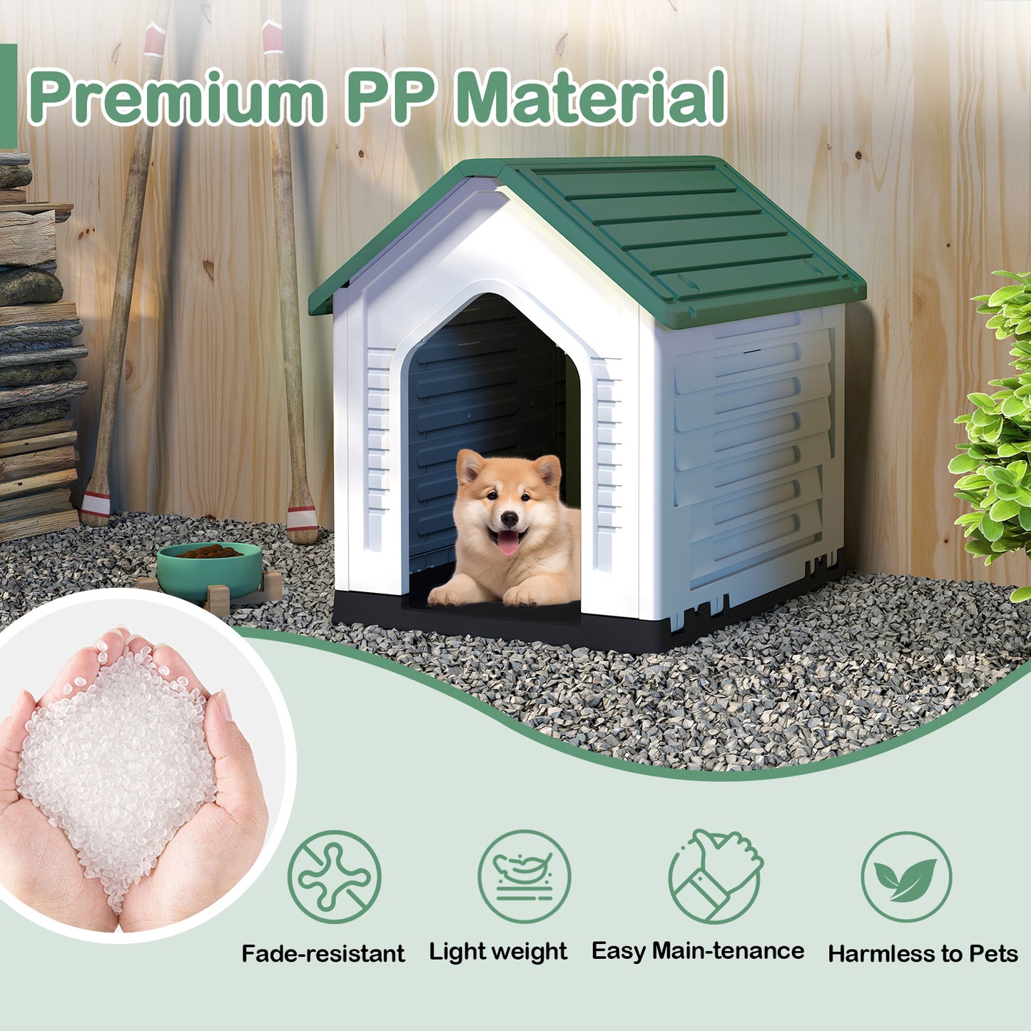 Plastic Dog House with Metal Lockable Door and Air Vents-Green