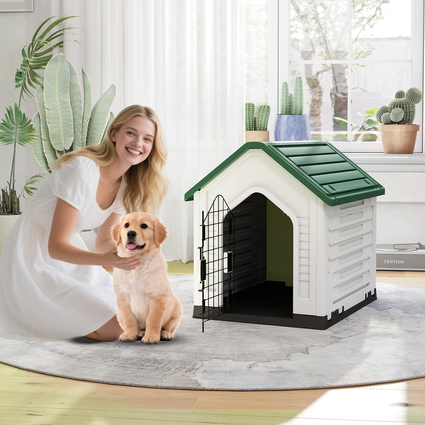 Plastic Dog House with Metal Lockable Door and Air Vents-Green