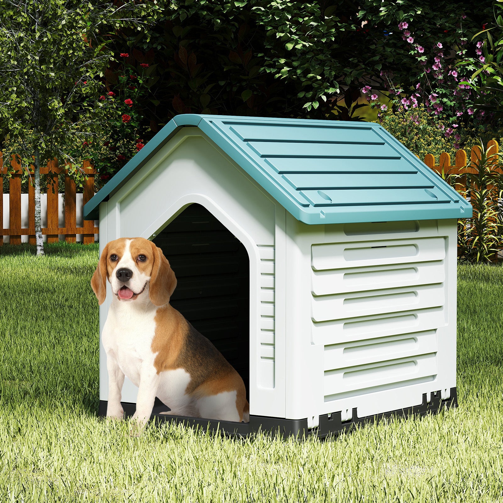 Plastic Dog House with Metal Lockable Door and Air Vents-Dark Blue
