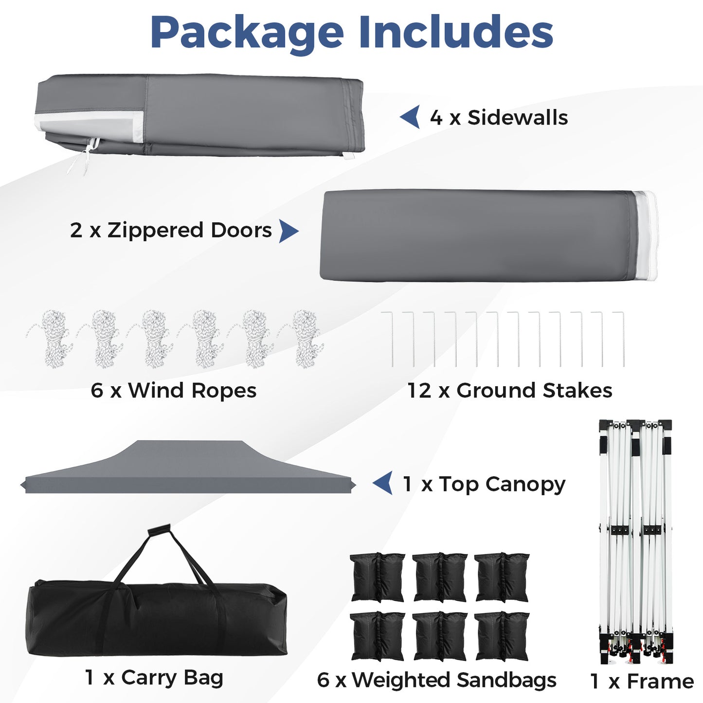 Pop-up Canopy Tent with 6 Detachable Sidewalls and Carrying Bag-Grey