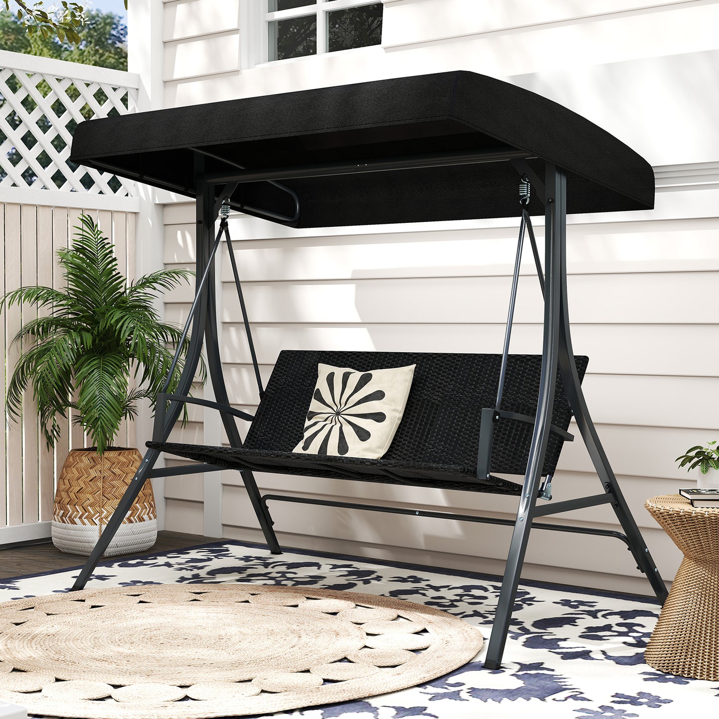 3-Person Porch Swing with Stand Adjustable Canopy Swing with Rattan Seat-Black