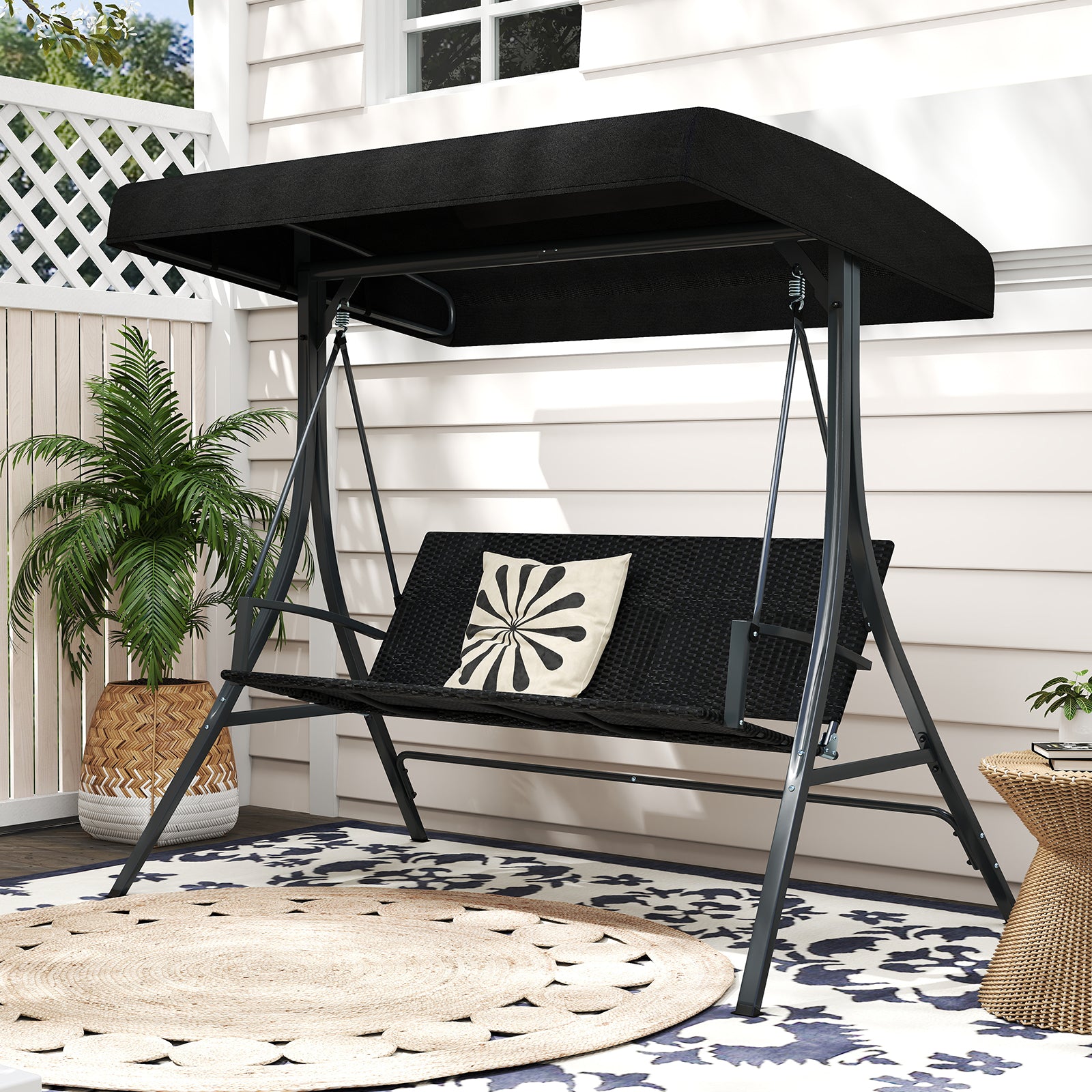 3-Person Porch Swing with Stand Adjustable Canopy Swing with Rattan Seat-Black