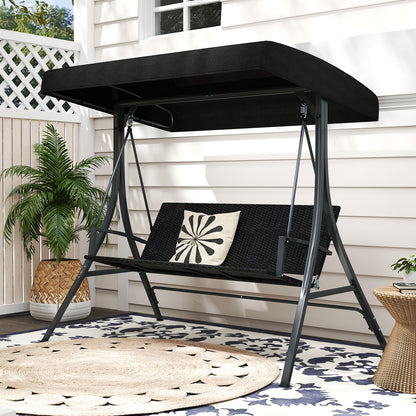 3-Person Porch Swing with Stand Adjustable Canopy Swing with Rattan Seat-Black