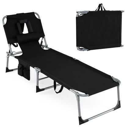 Portable Chaise Lounge Chair with 4-Position Adjustable Backrest and Face Arm Holes-Black