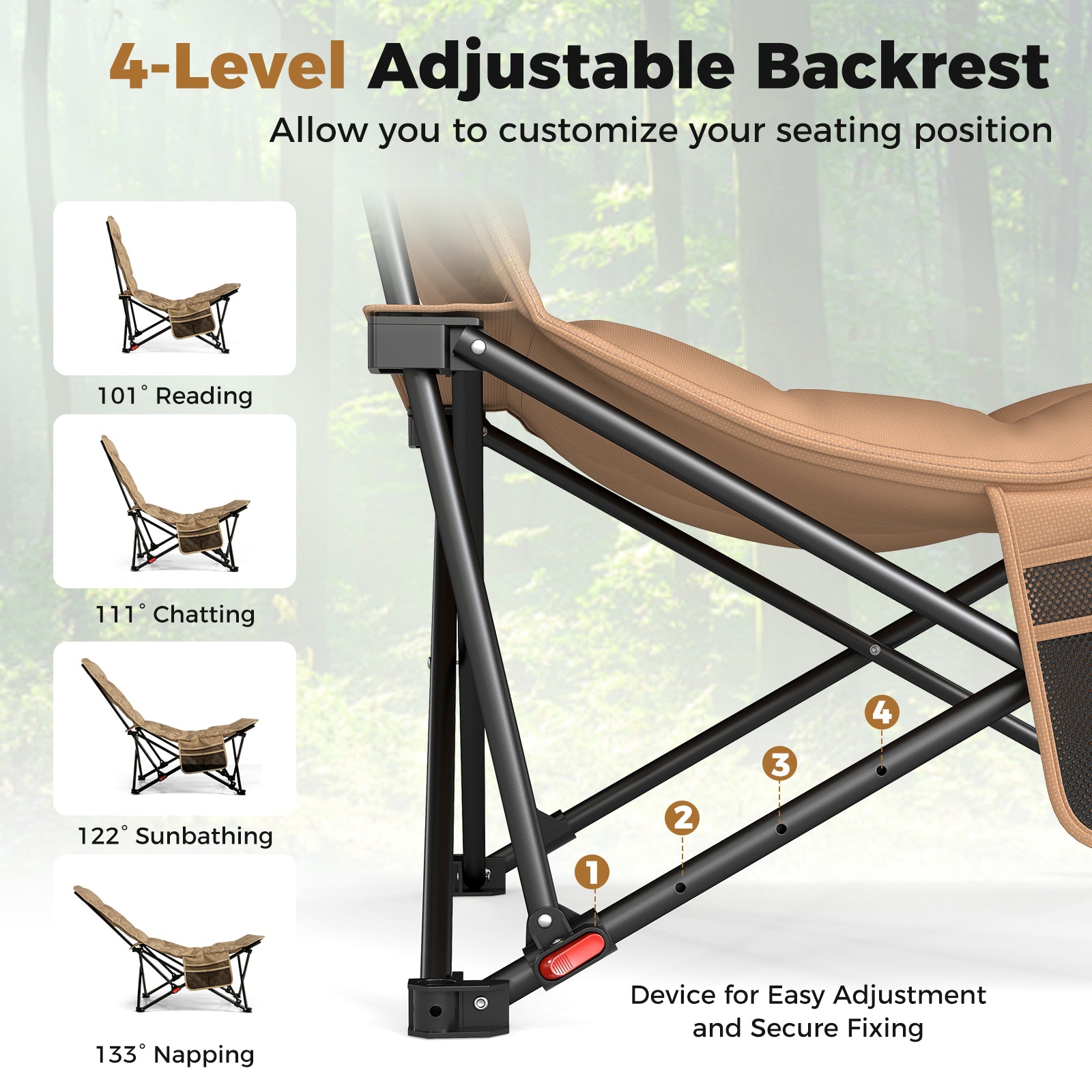 Portable Folding Camping Chair with 4-Position Padded for Sports Fishing-Khaki