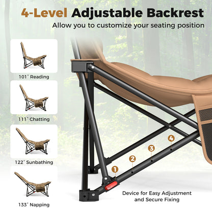 Portable Folding Camping Chair with 4-Position Padded for Sports Fishing-Khaki