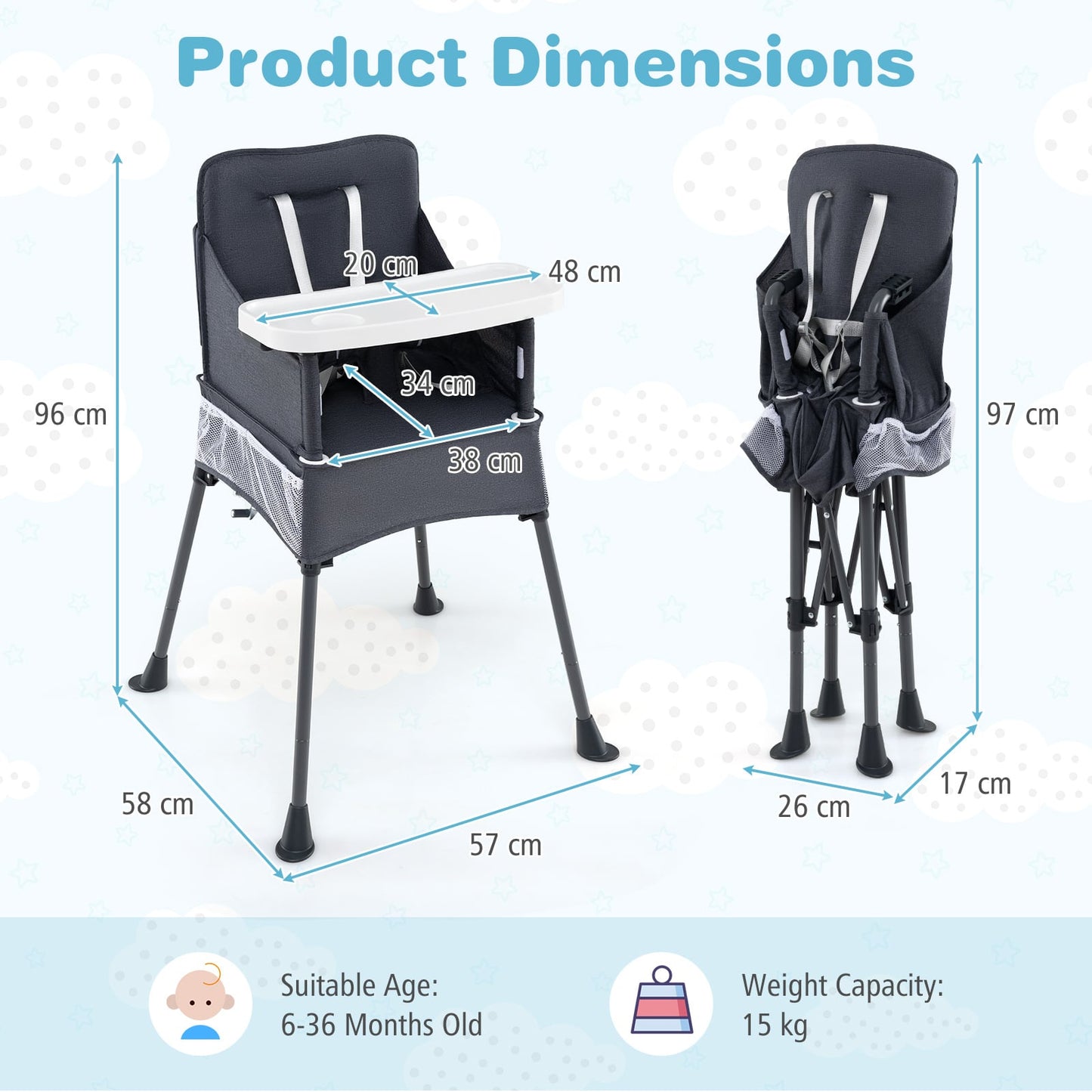 Portable High Chair for Travel Foldable Baby Feeding Chair with 2-Level Adjustable Tray-Grey